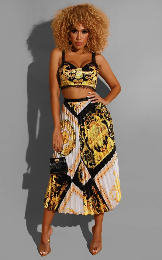 CELEBRITY!!!!! Print Top +Pleated Skirts  Two Piece Set