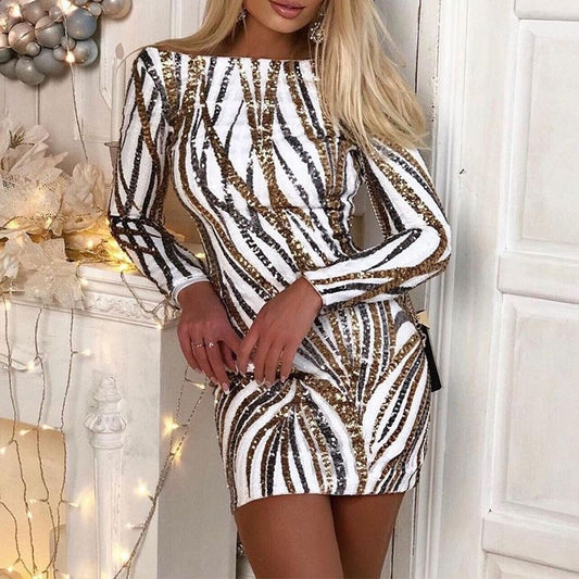 Women's Dress Mini Sequined Striped Off-shoulder Woman Party Dresses Long-sleeve Shiny Bodycon Backless Robe 2021 New Year Sexy